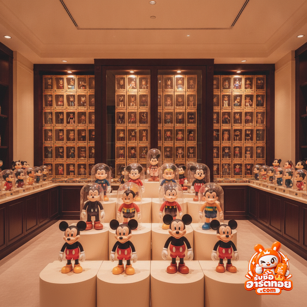 โมเดลไวนิล Medicom Toy ซีรีส์ Vinyl Collectible Dolls วางเรียงในตู้สะสมพร้อมกล่องวินเทจ