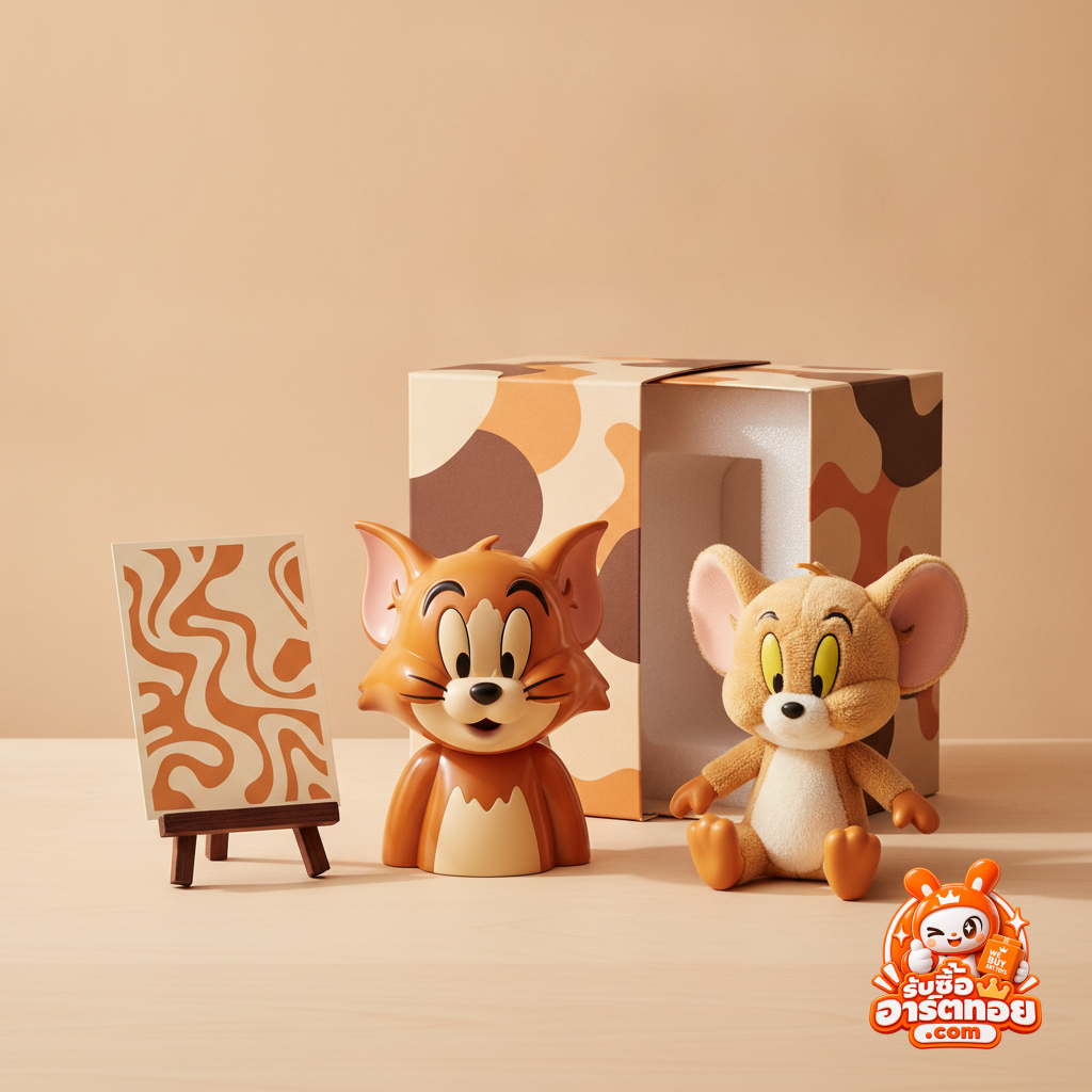 โมเดล Tom and Jerry สไตล์ Art Toy ของค่าย Soap Studio จัดวางพร้อมอุปกรณ์เสริมและใบรับรองของแท้